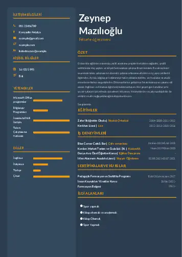 Felsefe Öğretmeni CV Örnekleri cv indir